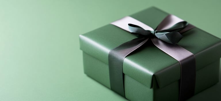 Elegant green gift box tied with ribbon celebration and giving concept photo
