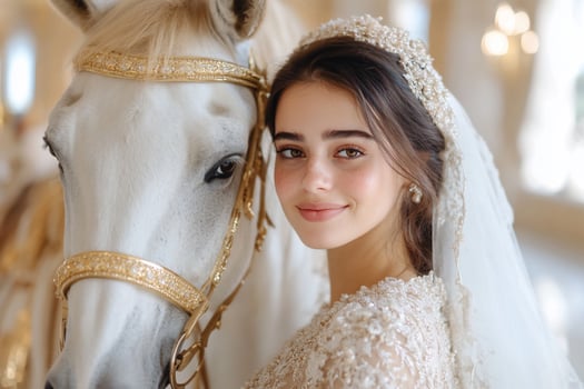 Elegant woman with white horse wearing bridal veil and gown photo