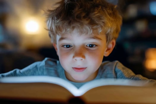 Engrossed young boy reads glowing book indoors photo