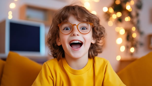 Excited young boy with glasses smiling brightly at home photo