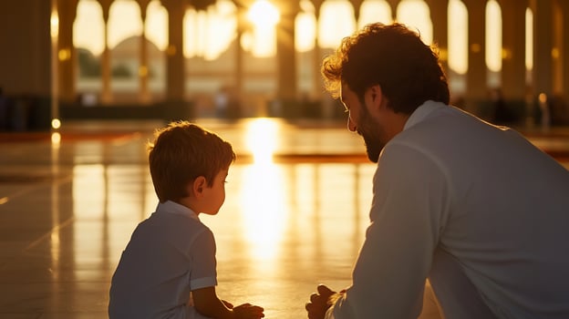 Father and son share quiet moment indoors in golden light photo