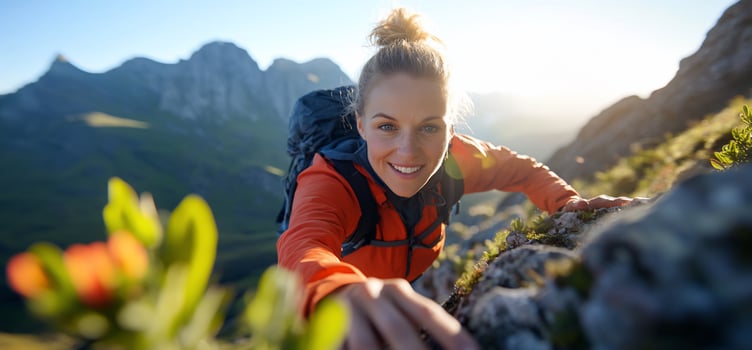 Female hiker climbing mountain reaching for rock adventure in nature photo