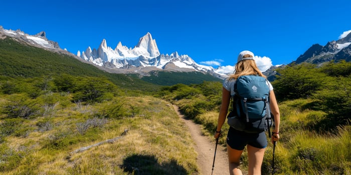 Female hiker trekking mountain trail with backpack and scenic snowy peaks under blue sky photo