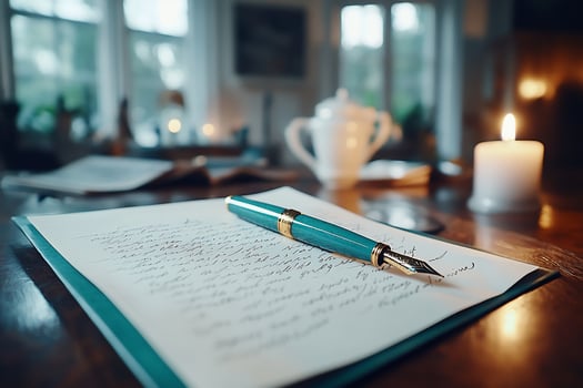 Fountain pen on handwritten letter beside candle photo