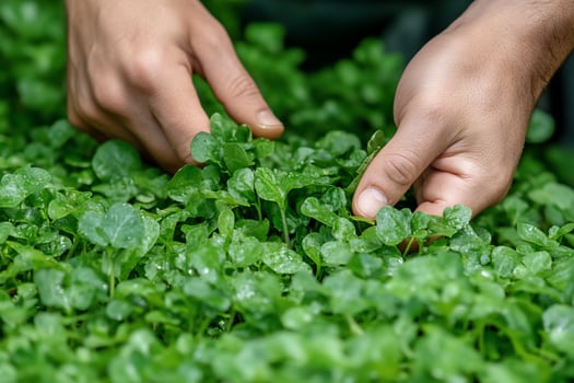 Fresh green watercress picking harvesting food preparation photo