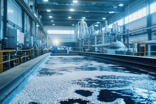 Diverse group of filter press operators collaborating in a large industrial facility during daytime photo