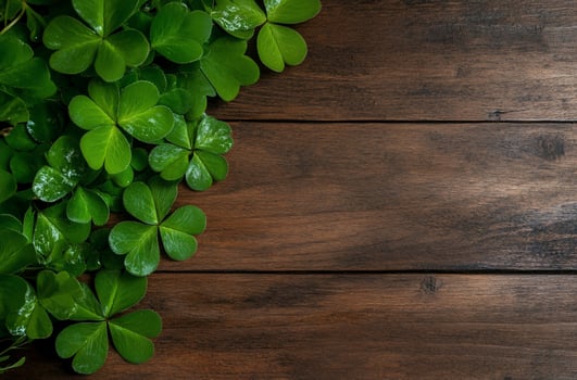Fresh shamrock clover and wooden background overhead photo
