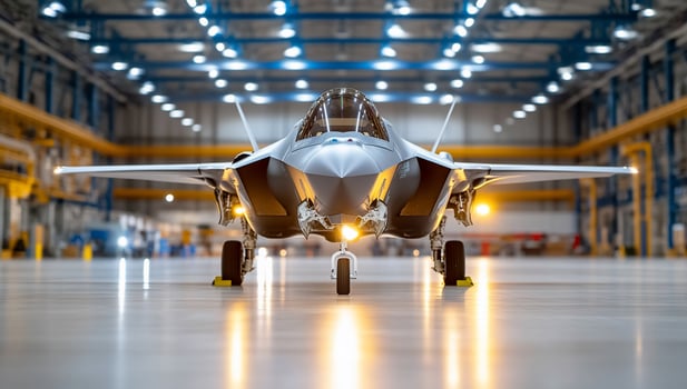 Futuristic jet airplane in warehouse hangar aviation technology photo