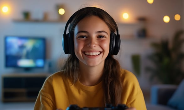 Girl playing game wearing headphones smiling at home photo