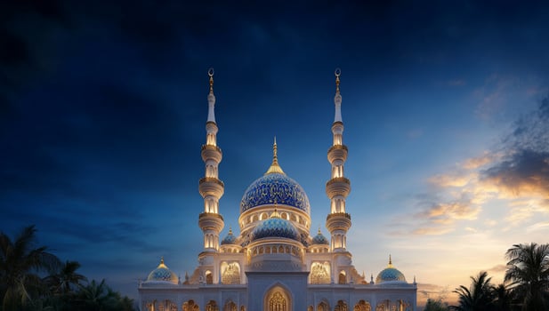 Grand mosque architecture under evening sky islamic landmark and spiritual symbol photo