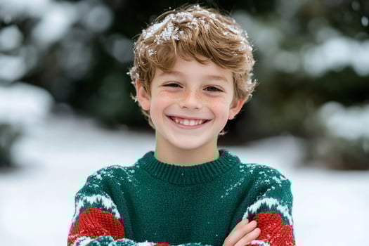 Happy smiling boy in winter snow scene wearing christmas sweater outdoor portrait photo