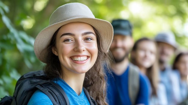 Hiking adventure with smiling woman and group in natural landscape photo