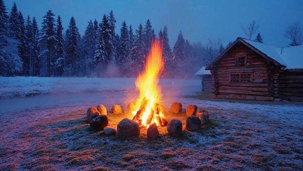 Bright Campfire Burning Near Log Cabin in Winter Forest photo
