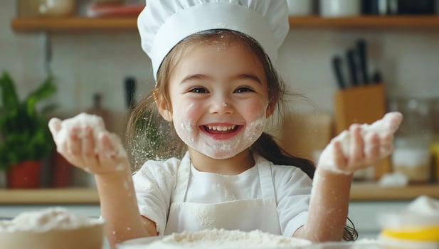 Joyful baker girl smiling in kitchen cooking preparation photo