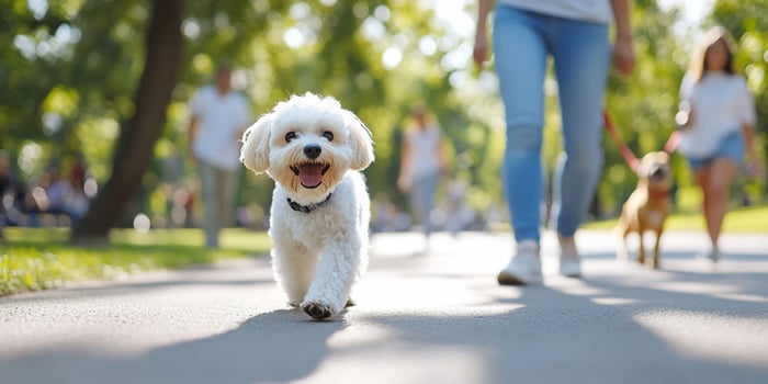 Joyful white dog walking on paved path in sunny park photo