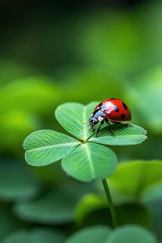 Ladybug resting on lucky four leaf clover macro photo
