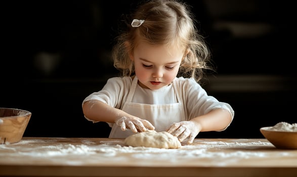 Little baker kneading dough in a domestic setting photo