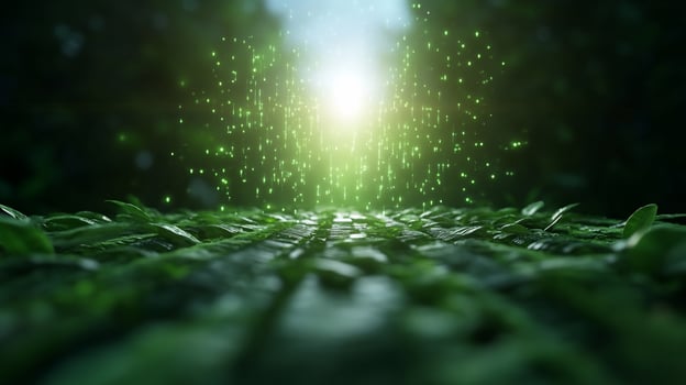 Lush green foliage with bright mystical light beams and sparkling particle effects photo