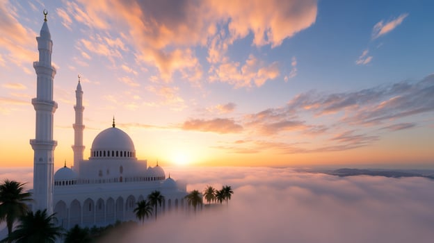 Majestic mosque architecture rising above mist under a soft sunrise or sunset photo
