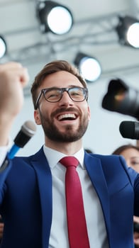 Man in suit surrounded by microphones at press conference celebration photo