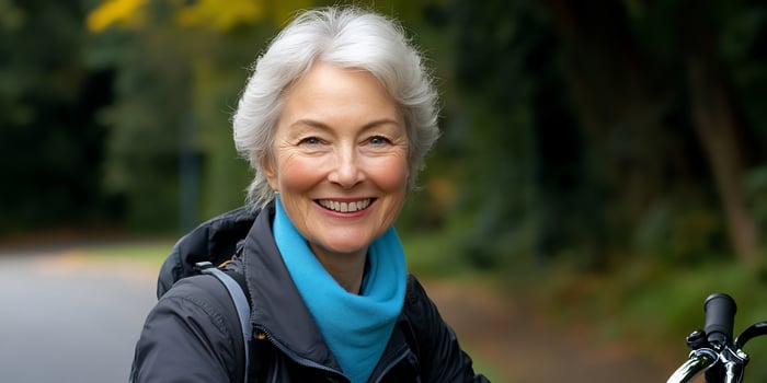 Mature woman smiling on bicycle ride in nature senior cycling active lifestyle photo