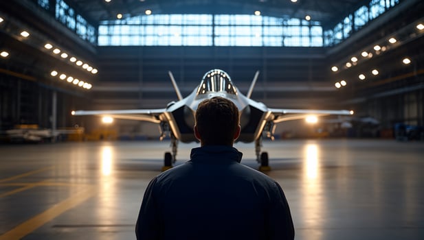 Modern military aircraft inside hangar with person facing airplane photo