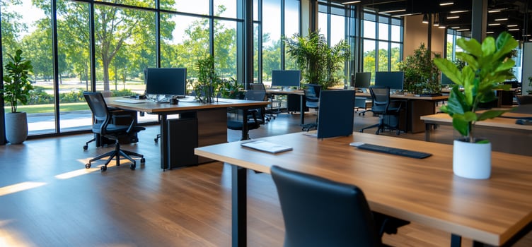 Modern open office space with desks computers and natural light photo