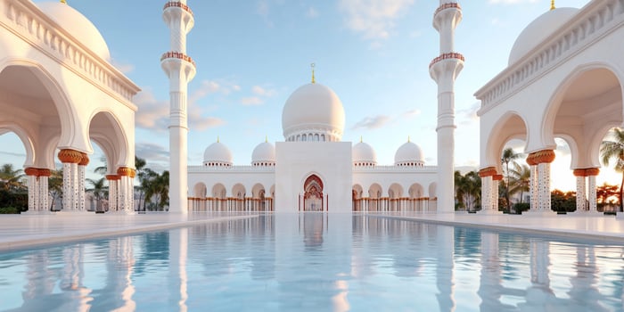Monumental islamic architecture reflection in pool water grand building photo
