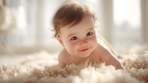 Adorable baby smiling and lying on soft blanket photo