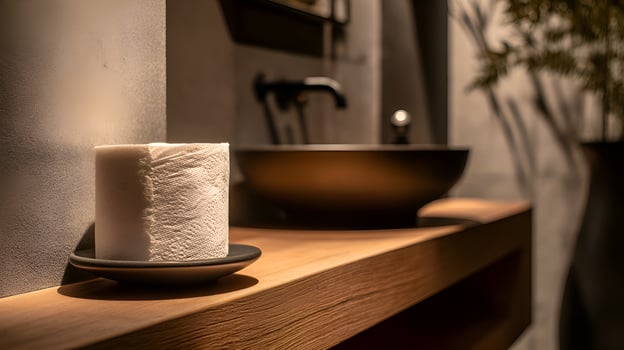 Toilet paper sitting on wooden shelf in modern bathroom photo