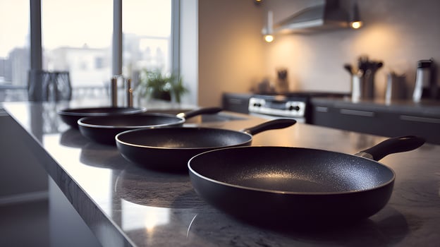 Three frying pans resting on modern kitchen countertop photo