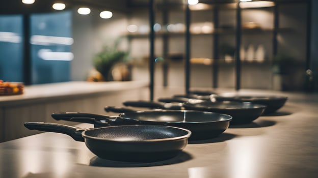 Set of frying pans resting on modern kitchen countertop photo