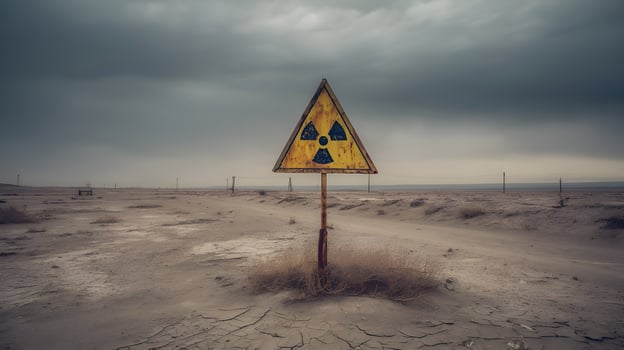 Rusty radiation sign warns of danger in desolate landscape photo