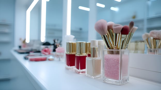Makeup brushes and cosmetics displayed on dressing table in modern interior photo