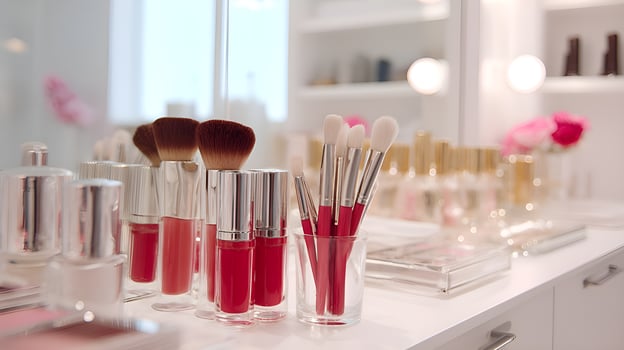 Makeup brushes and cosmetics filling vanity table in beauty salon photo