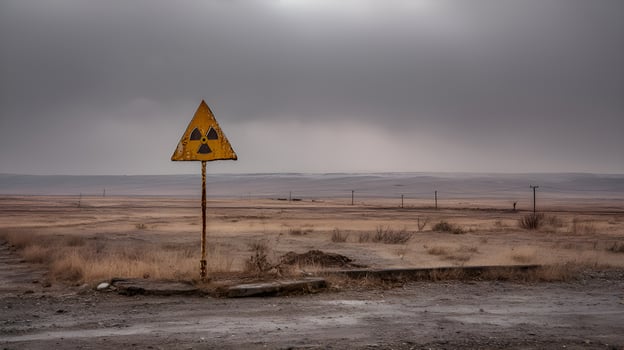 Rusty radioactive sign warning of contamination in desert landscape photo