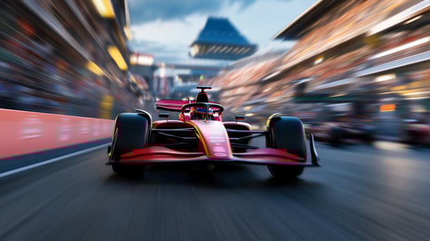 Open wheel race car speeding on racetrack with motion blur photo