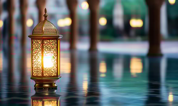 Ornate gold lantern reflecting light with blurred columns creating an atmospheric background photo