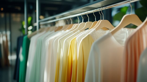 Pastel clothing collection on rack with wooden hangers fashion and textile display photo
