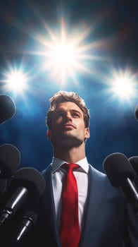 Person speaking at press conference surrounded by microphones with bright lights photo