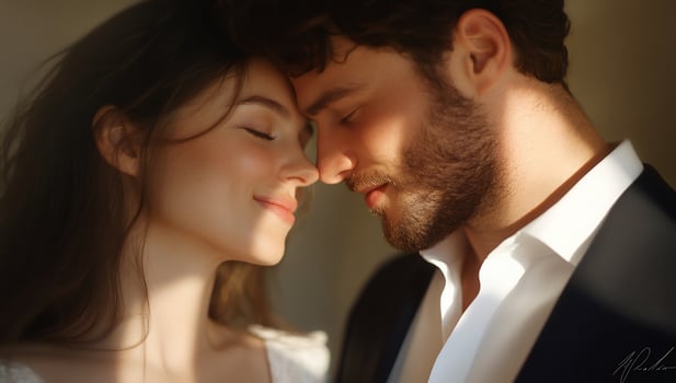 Portrait of a loving couple in tender embrace with soft warm lighting photo
