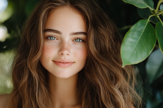Portrait of a young woman with wavy hair and blue eyes amidst green foliage photo