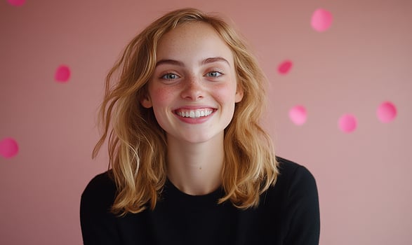 Portrait of smiling young woman against pink backdrop with decorative spots photo