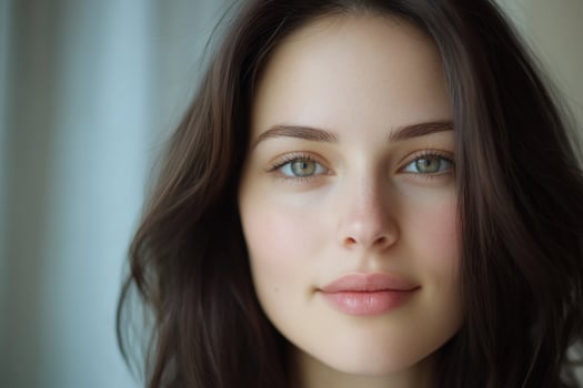 Portrait of young adult female with fair skin and wavy dark hair attractive green eyes photo