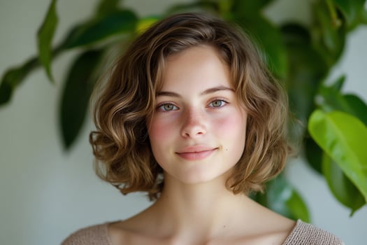 Portrait of young woman with wavy hair against green foliage photo