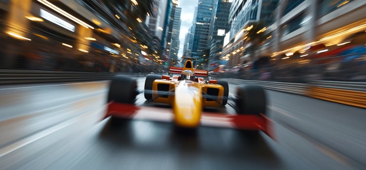 Race car speeding on urban road with motion blur effect photo