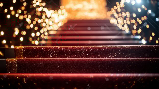 Red carpet stairs with bokeh lights background photo