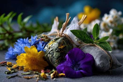 Herbal tea bags with flowers and herbs photo