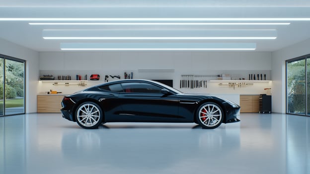 Sleek black sports car parked inside modern garage photo