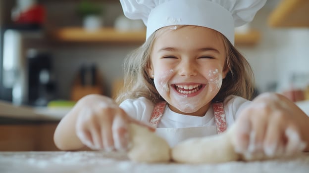 Smiling girl kneading dough in kitchen wearing chef hat and apron happy child baker preparing homemade food photo